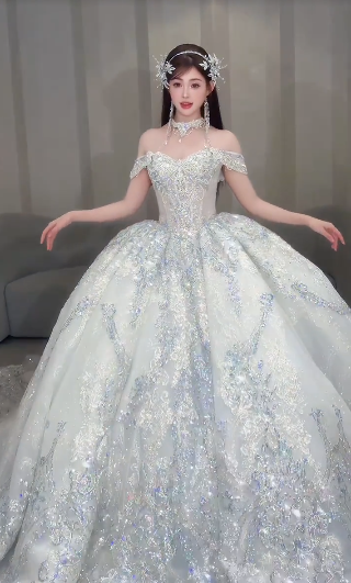 Gorgeous Ball Gown Off The Shoulder Tulle Sequin Long Wedding Dresses