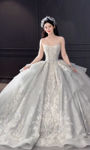 Dreamy Ball Gown Strapless Tulle Sequin Long Wedding Dresses