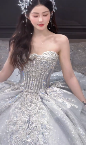 Dreamy Ball Gown Strapless Tulle Sequin Long Wedding Dresses