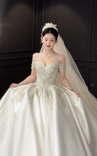 Elegant Ball Gown Off The Shoulder Satin Beaded With Veil Long Wedding Dresses