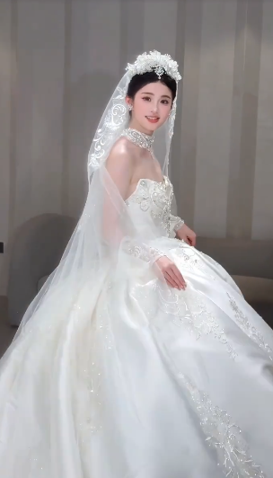Dreamy Ball Gown Strapless Satin Applique Beaded With Veil Long Wedding Dresses