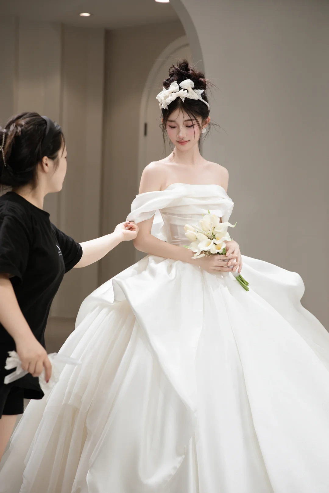 Pretty Ball Gown Off The Shoulder Satin Long Wedding Dresses
