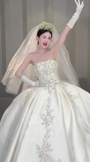 Dreamy Ball Gown Strapless Satin Applique With Veil Gloves Long Wedding Dresses