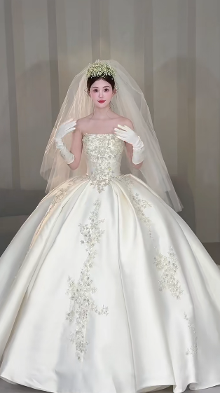 Dreamy Ball Gown Strapless Satin Applique With Veil Gloves Long Wedding Dresses