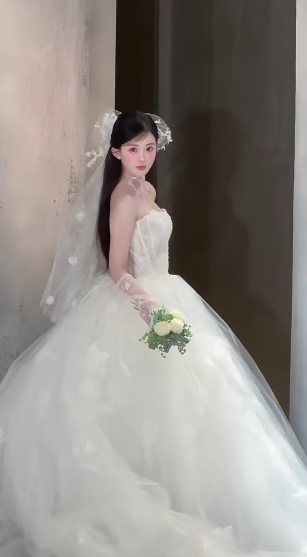 Dreamy Ball Gown Strapless Tulle Applique With Veil Long Wedding Dresses