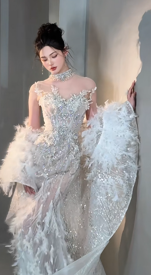 Stunning Mermaid Strapless Tulle Sequin With Cape Long Wedding Dresses