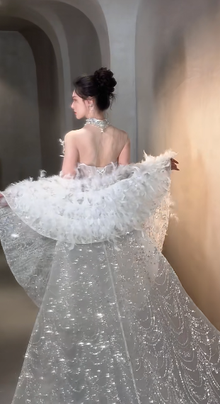 Stunning Mermaid Strapless Tulle Sequin With Cape Long Wedding Dresses