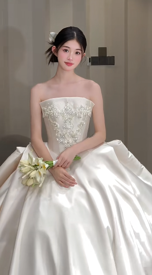 Pretty Ball Gown Strapless Satin Beaded Long Wedding Dresses