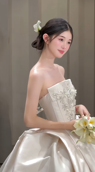 Pretty Ball Gown Strapless Satin Beaded Long Wedding Dresses