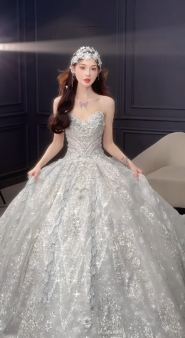Glitter Ball Gown Strapless Tulle Sequin Long Wedding Dresses