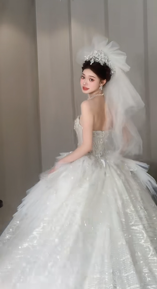 Timeless Ball Gown Strapless Tulle Sequin With Veil Long Wedding Dresses