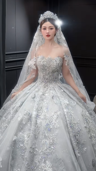 Dreamy Ball Gown Strapless Tulle Sequin Beaded With Veil Long Wedding Dresses