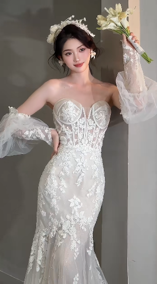 Pretty Mermaid Sweetheart Tulle Lace With Sleeves Long Wedding Dresses