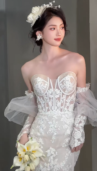 Pretty Mermaid Sweetheart Tulle Lace With Sleeves Long Wedding Dresses
