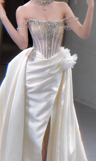 Sexy Mermaid Off The Shoulder Satin Beaded Slit Long Wedding Dresses