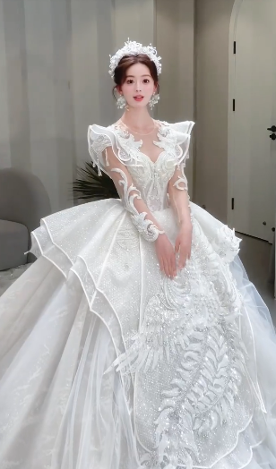 Unique Ball Gown Tulle Sequin Beaded Long Sleeves Long Wedding Dresses