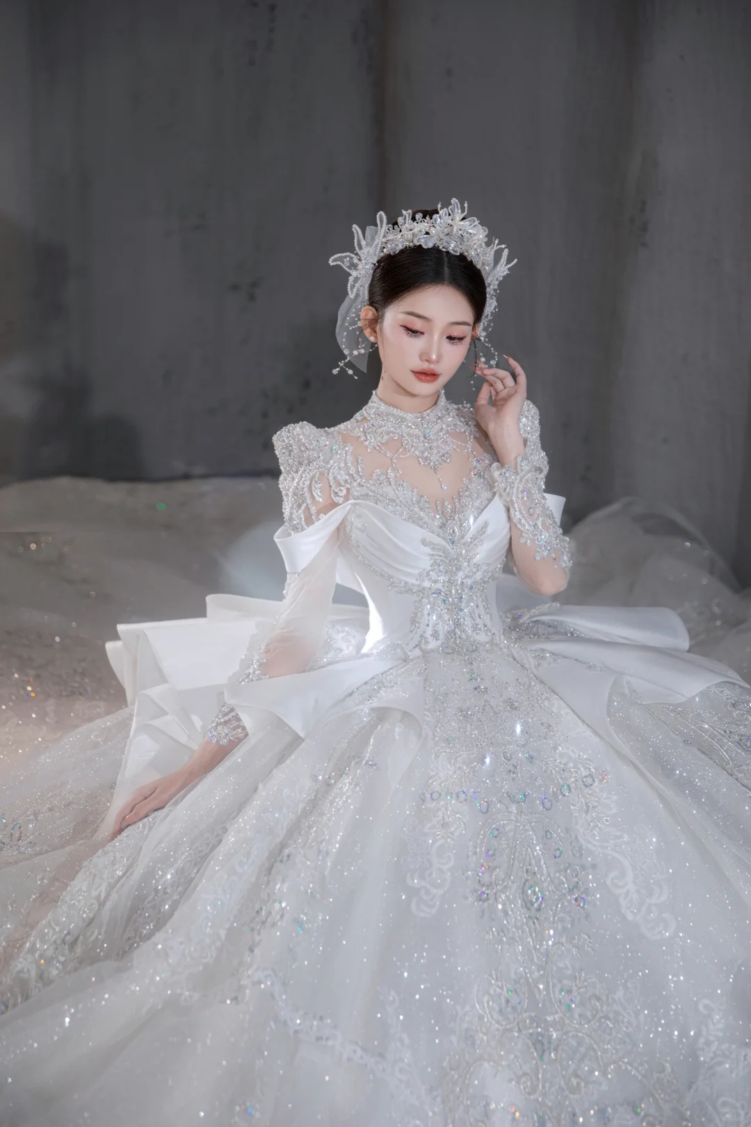 Timeless Ball Gown Satin Tulle Sequin Beaded Long Sleeves Long Wedding Dresses