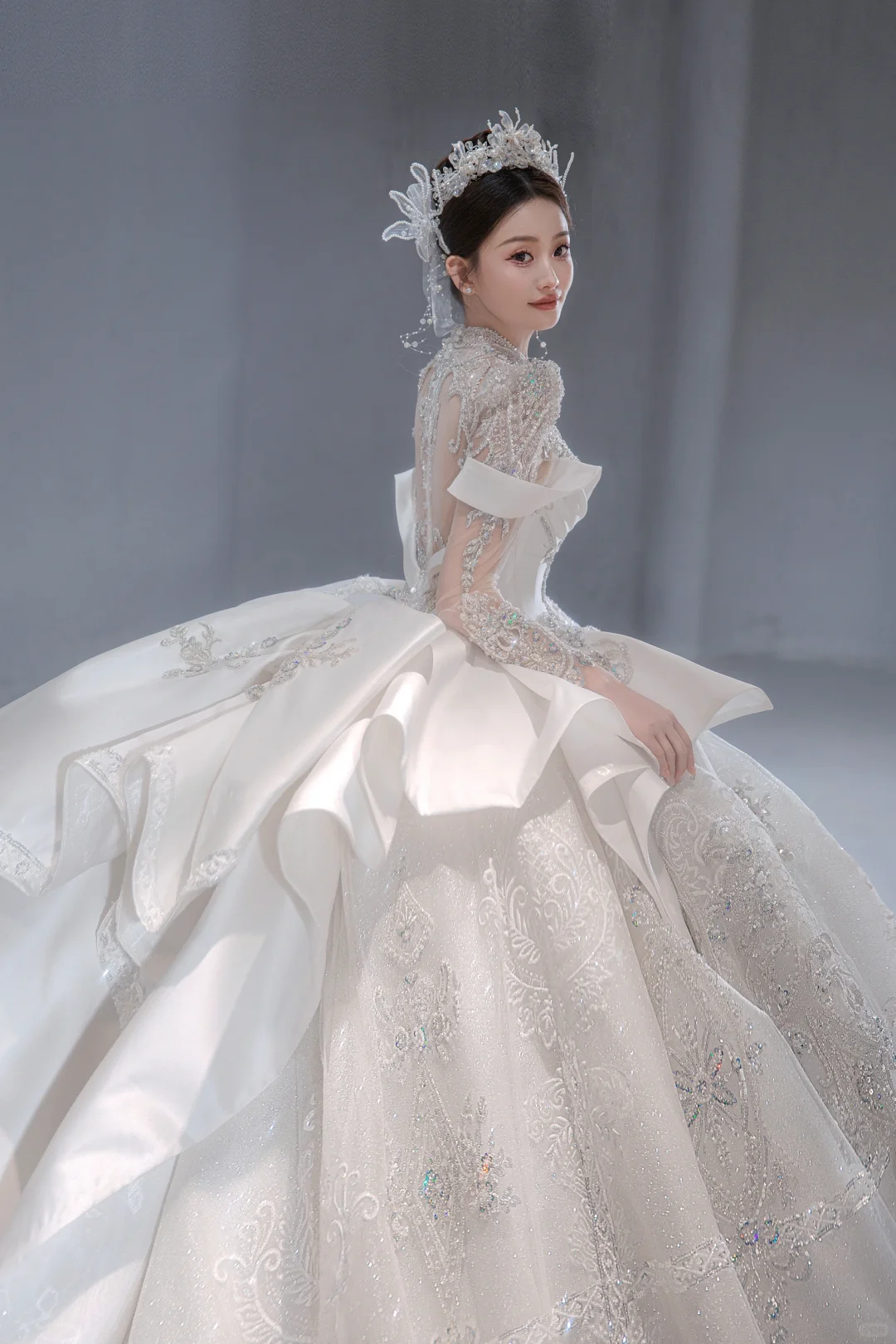 Timeless Ball Gown Satin Tulle Sequin Beaded Long Sleeves Long Wedding Dresses