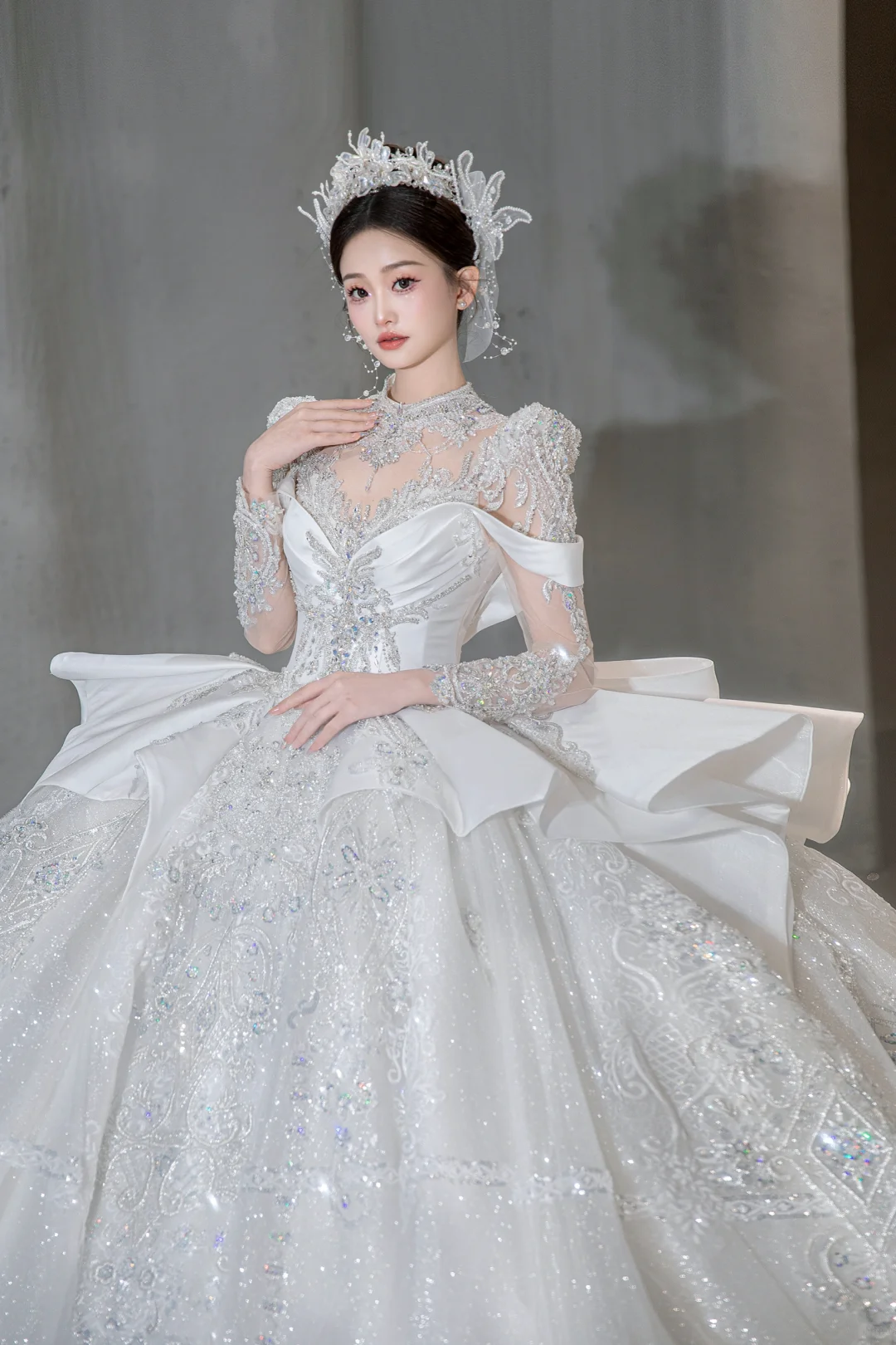 Timeless Ball Gown Satin Tulle Sequin Beaded Long Sleeves Long Wedding Dresses