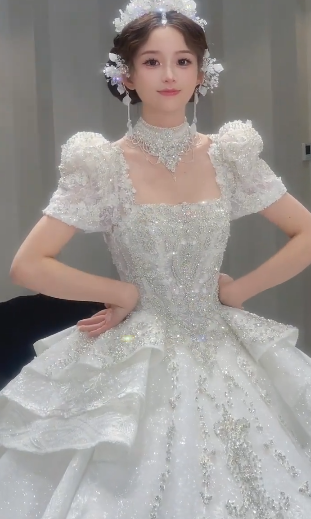 Timeles Ball Gown Square Tulle Sequin Short Sleeves Long Wedding Dresses
