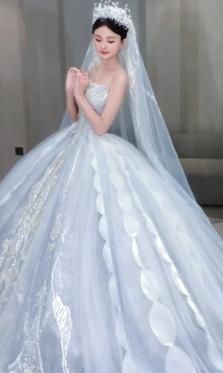 Gorgeous Ball Gown Strapless Tulle Sequin With Veil Long Wedding Dresses