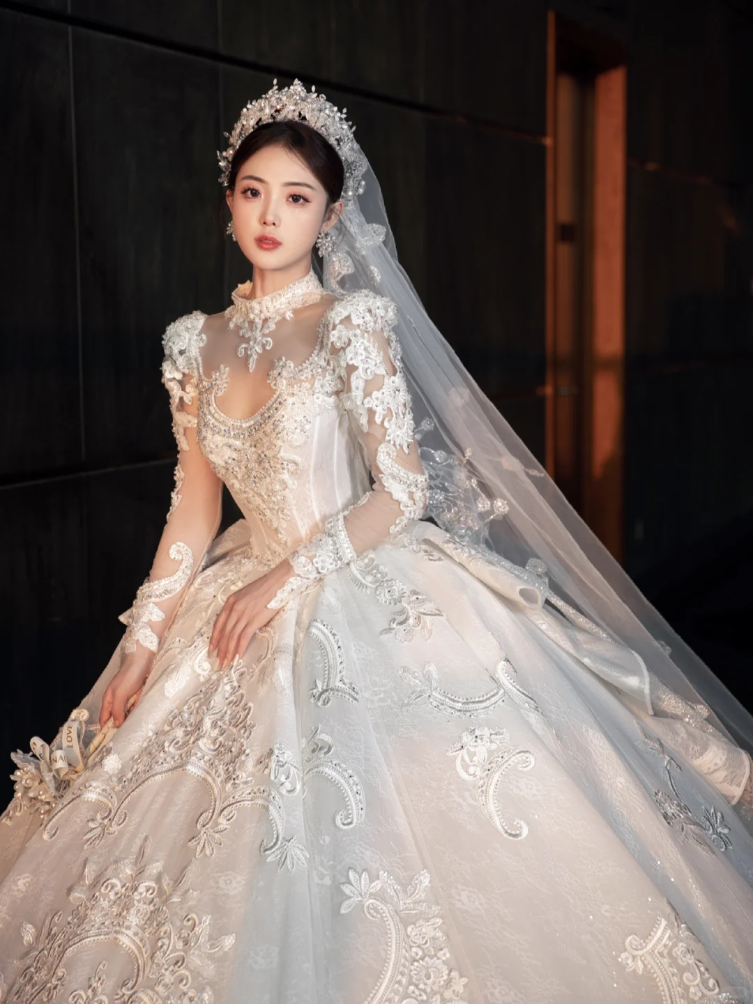 Dreamy Ball Gown Tulle Lace Applique Long Sleeves With Veil Long Wedding Dresses