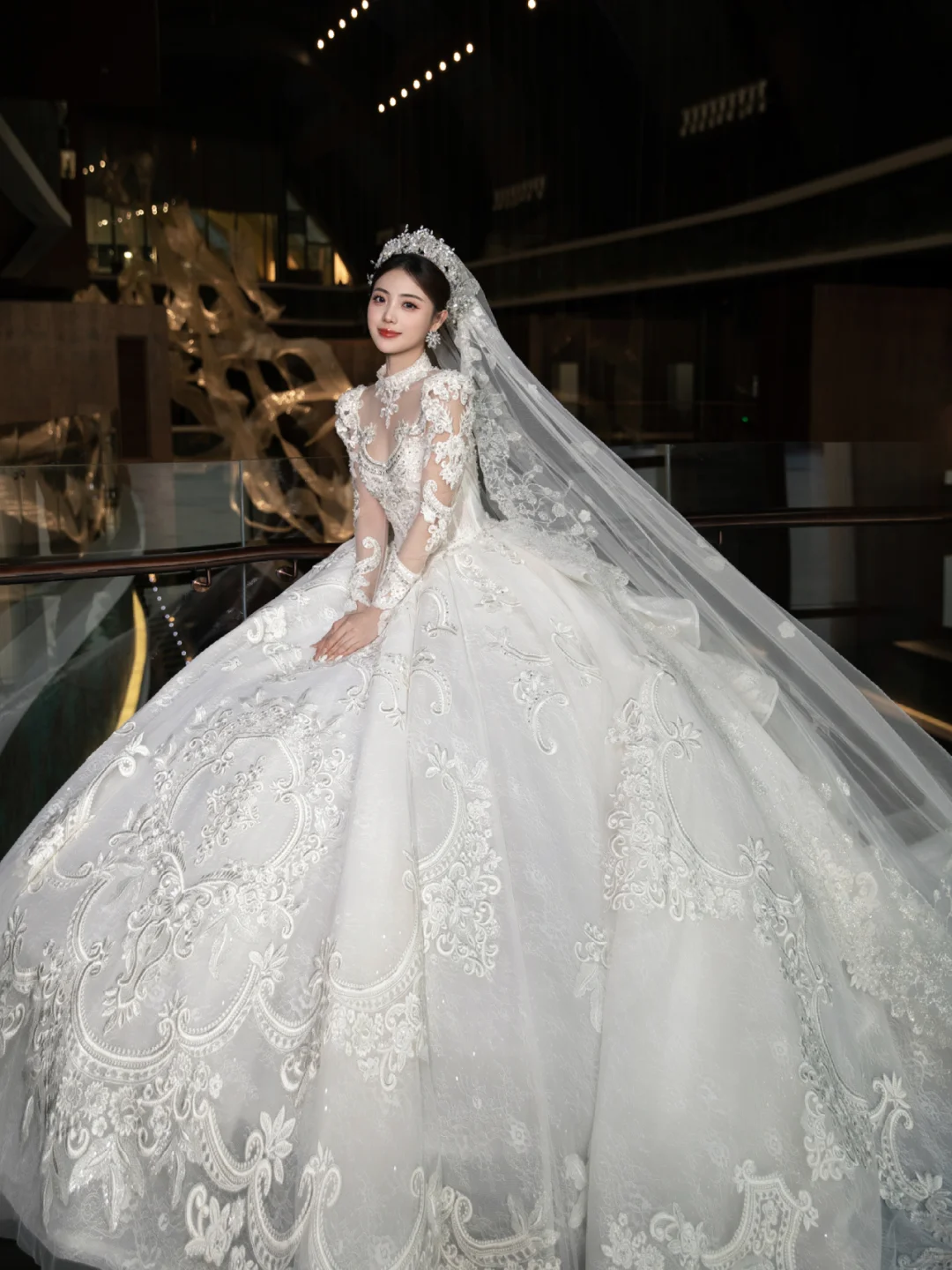 Dreamy Ball Gown Tulle Lace Applique Long Sleeves With Veil Long Wedding Dresses