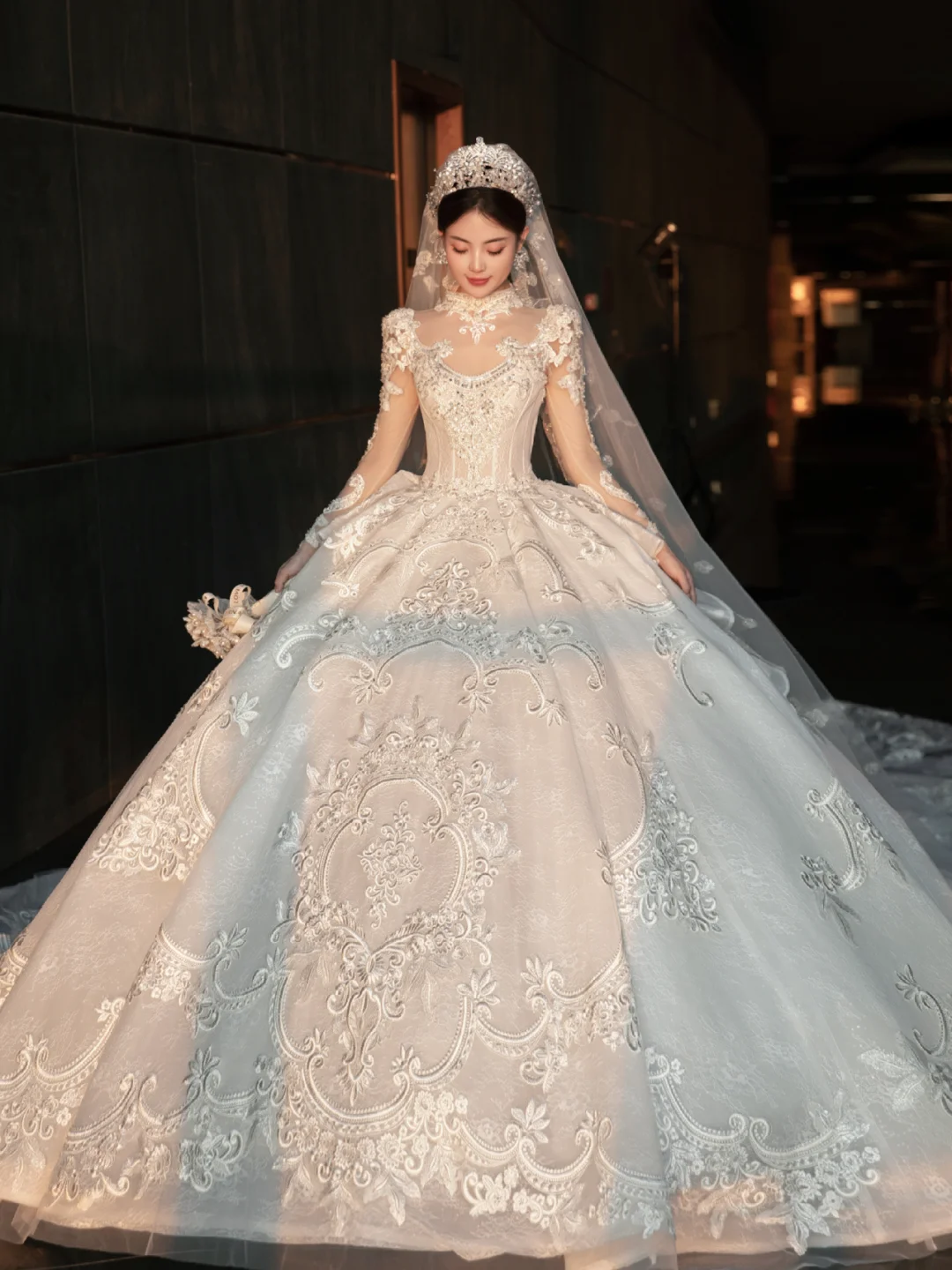 Dreamy Ball Gown Tulle Lace Applique Long Sleeves With Veil Long Wedding Dresses