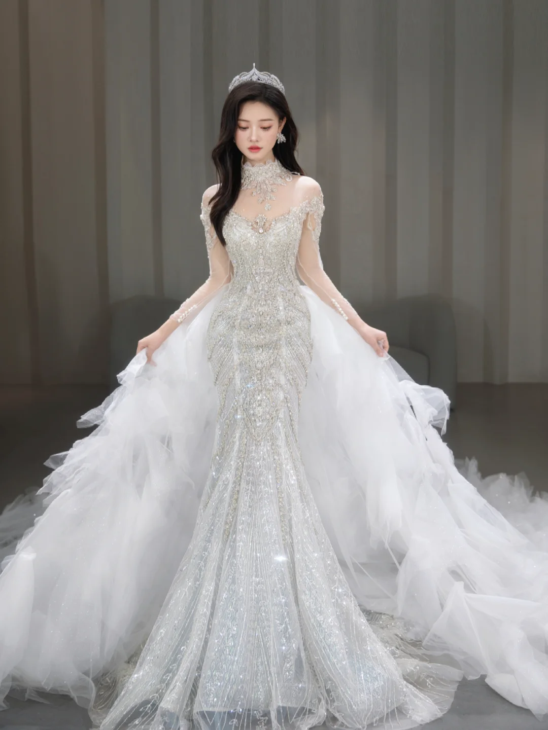 Timeless Mermaid Tulle Sequin Beaded Long Sleeves Long Wedding Dresses