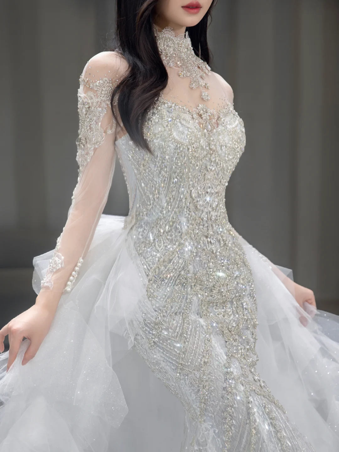 Timeless Mermaid Tulle Sequin Beaded Long Sleeves Long Wedding Dresses