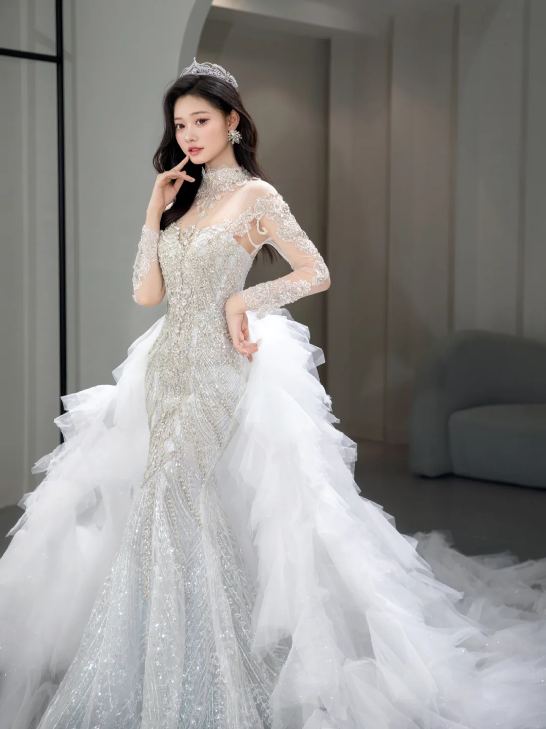 Timeless Mermaid Tulle Sequin Beaded Long Sleeves Long Wedding Dresses
