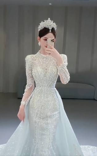 Gorgeous Mermaid Tulle Sequin Beaded Long Sleeves Long Wedding Dresses