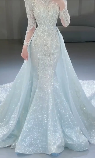 Gorgeous Mermaid Tulle Sequin Beaded Long Sleeves Long Wedding Dresses