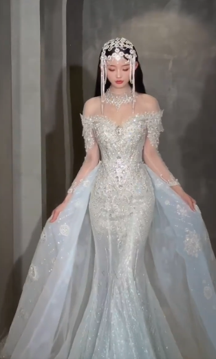 Unique Mermaid Off The Shoulder Tulle Sequin Long Sleeves Long Wedding Dresses