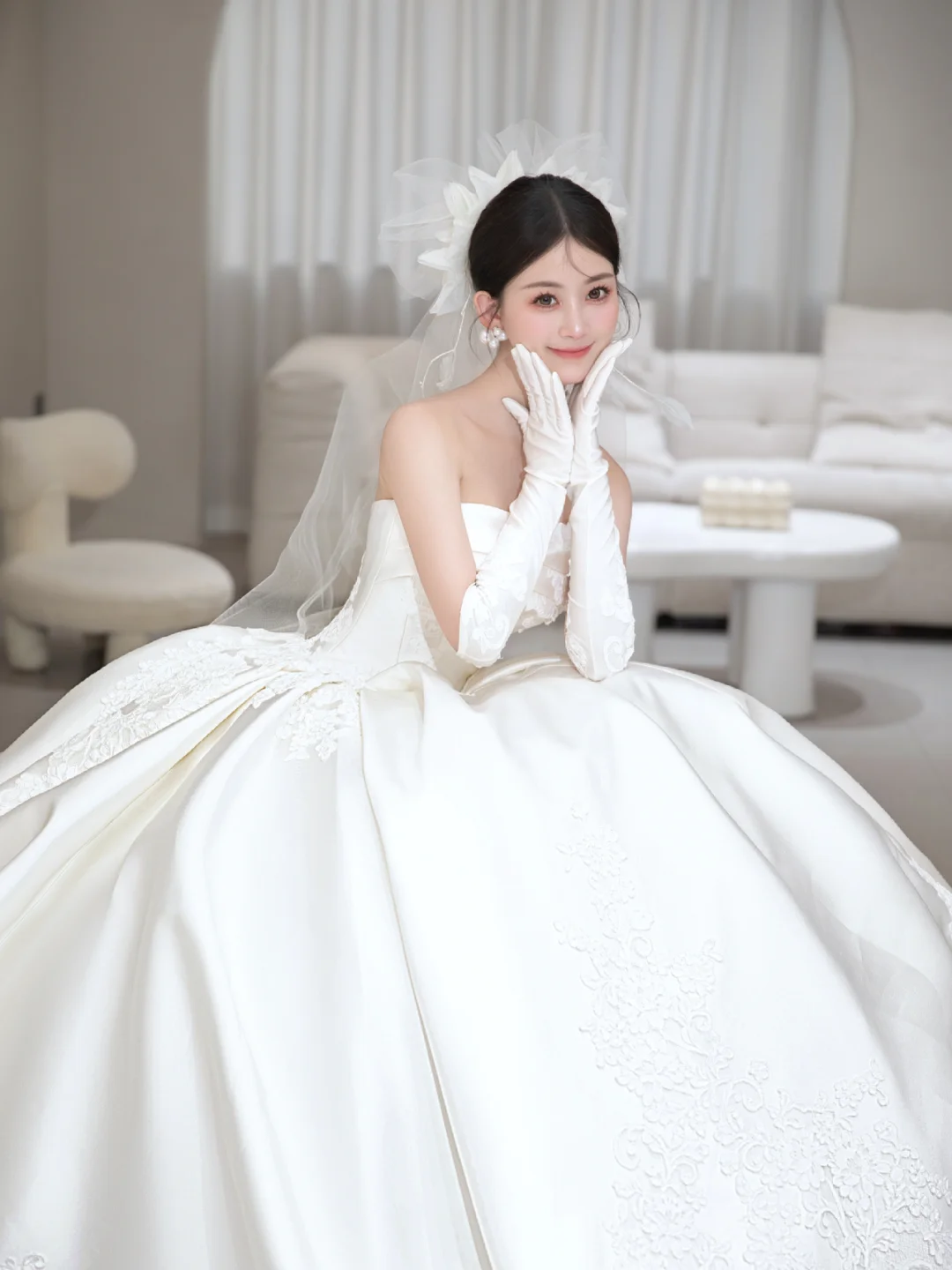 Classy Ball Gown Strapless Satin Applique With Veil Gloves Long Wedding Dresses
