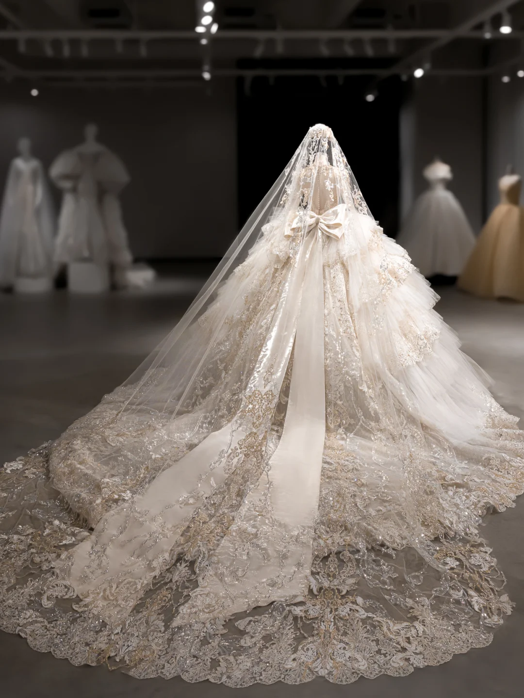 Luxurious Ball Gown Tulle Lace Sequin Beaded Long Sleeves With Veil Long Wedding Dresses