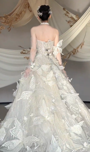 Gorgeous Ball Gown Starpless Tulle Butterfly Long Wedding Dresses