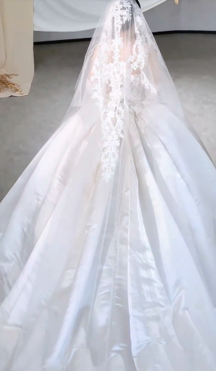 Timeless Ball Gown Starpless Satin Tulle Applique With Veil Long Wedding Dresses