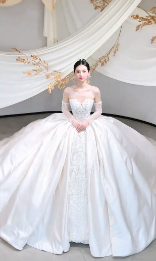 Timeless Ball Gown Starpless Satin Tulle Applique With Veil Long Wedding Dresses