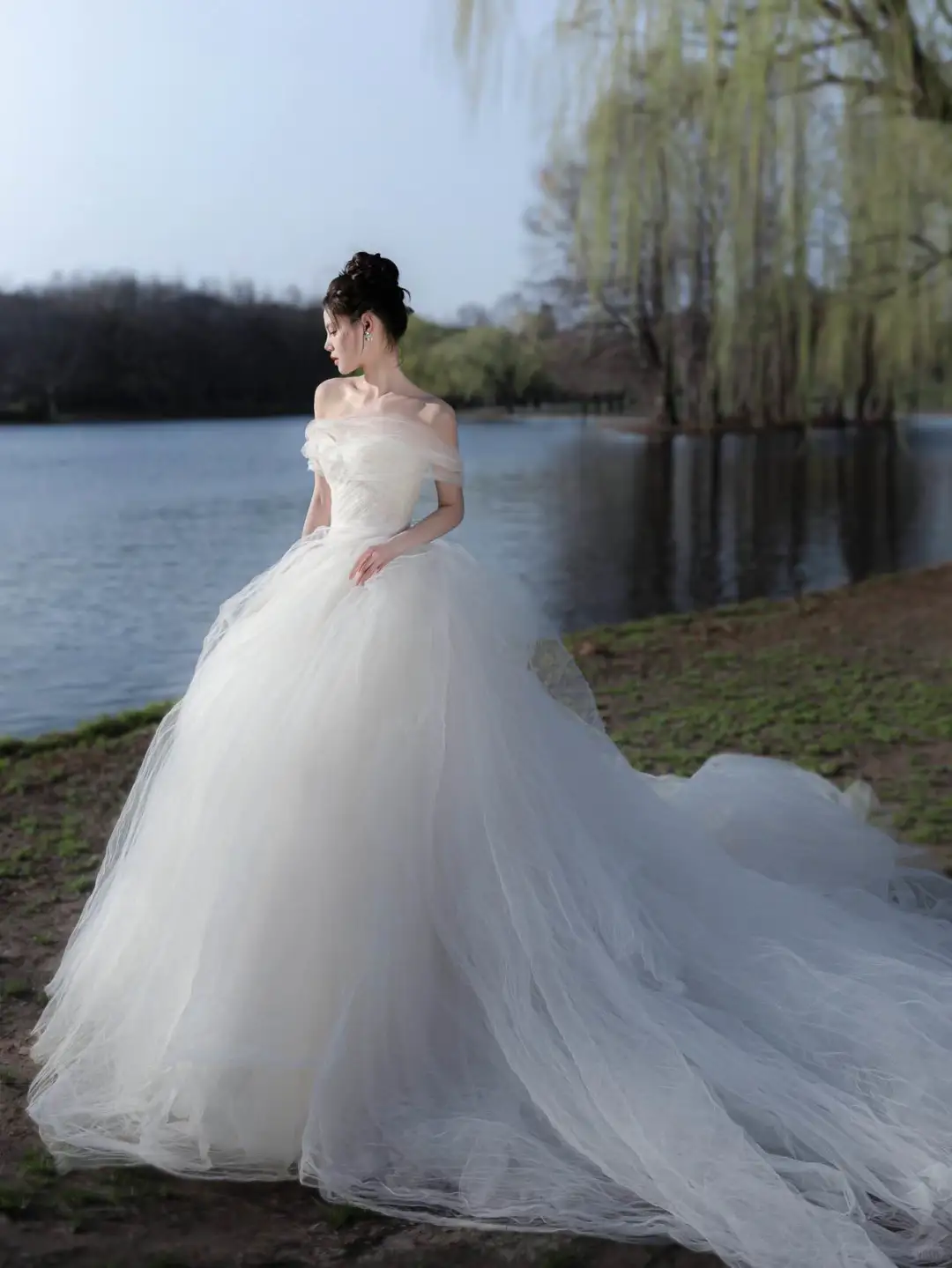 Elegant Ball Gown Off The Shoulder Tulle Long Wedding Dresses