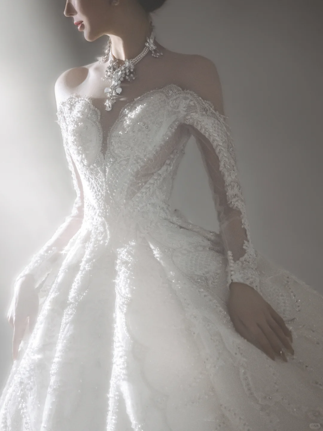 Timeless Ball Gown Off The Shoulder Tulle Lace Beaded Long Sleeves Long Wedding Dresses