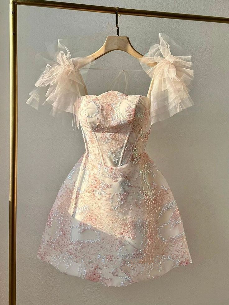 Cute A Line Straps Tulle Pink Sequin Short Homecoming Dress