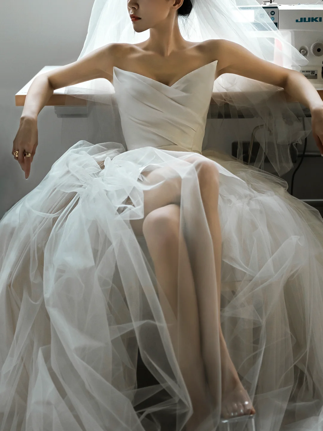 Chic Ball Gown Strapless Satin Tulle Slit Long Wedding Dresses