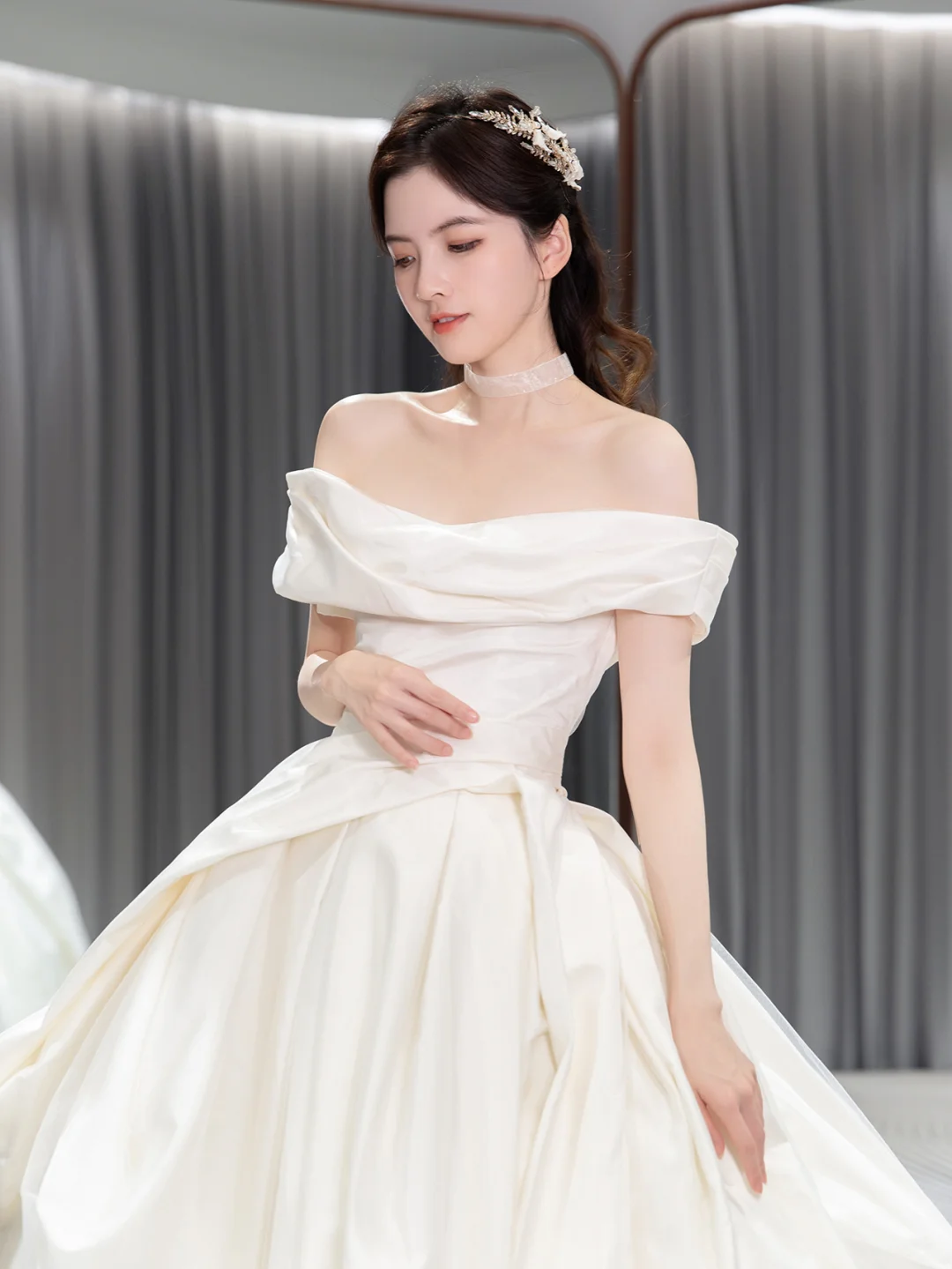 Simple Classy Ball Gown Off The Shoulder Satin Long Wedding Dresses