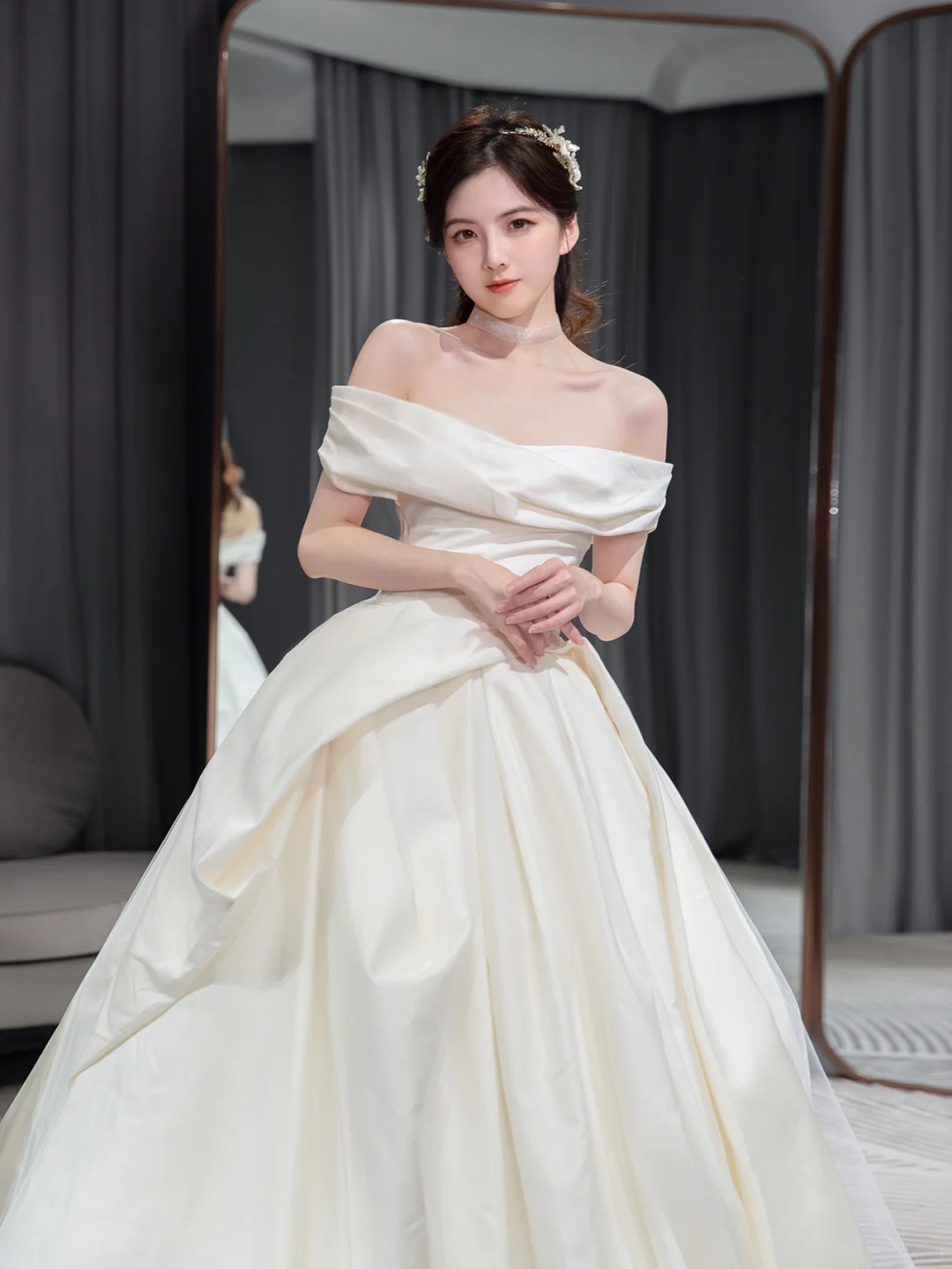 Simple Classy Ball Gown Off The Shoulder Satin Long Wedding Dresses