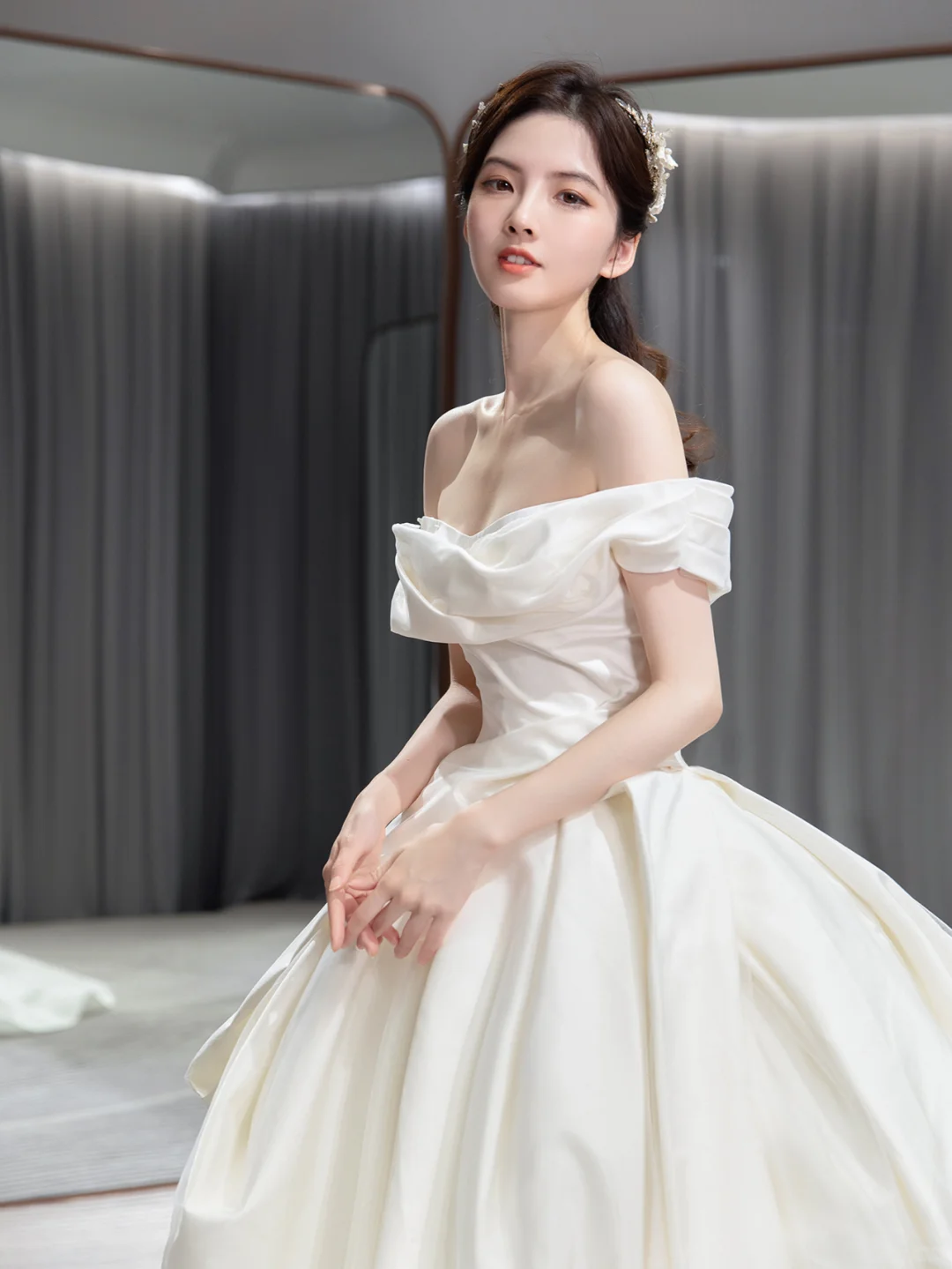 Simple Classy Ball Gown Off The Shoulder Satin Long Wedding Dresses