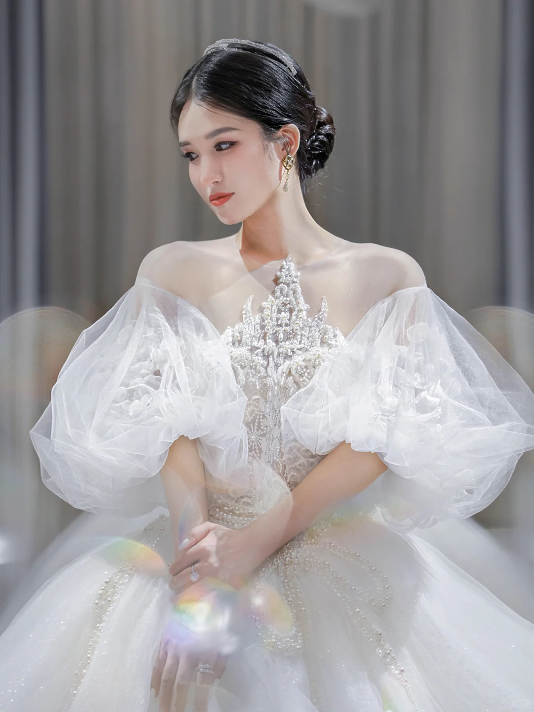 Pretty Ball Gown Tulle Lace Applique Short Sleeves Long Wedding Dresses