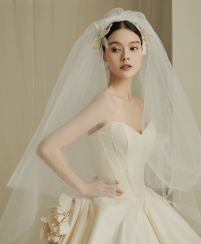 Dreamy Ball Gown Strapless Satin With Veil Long Wedding Dresses