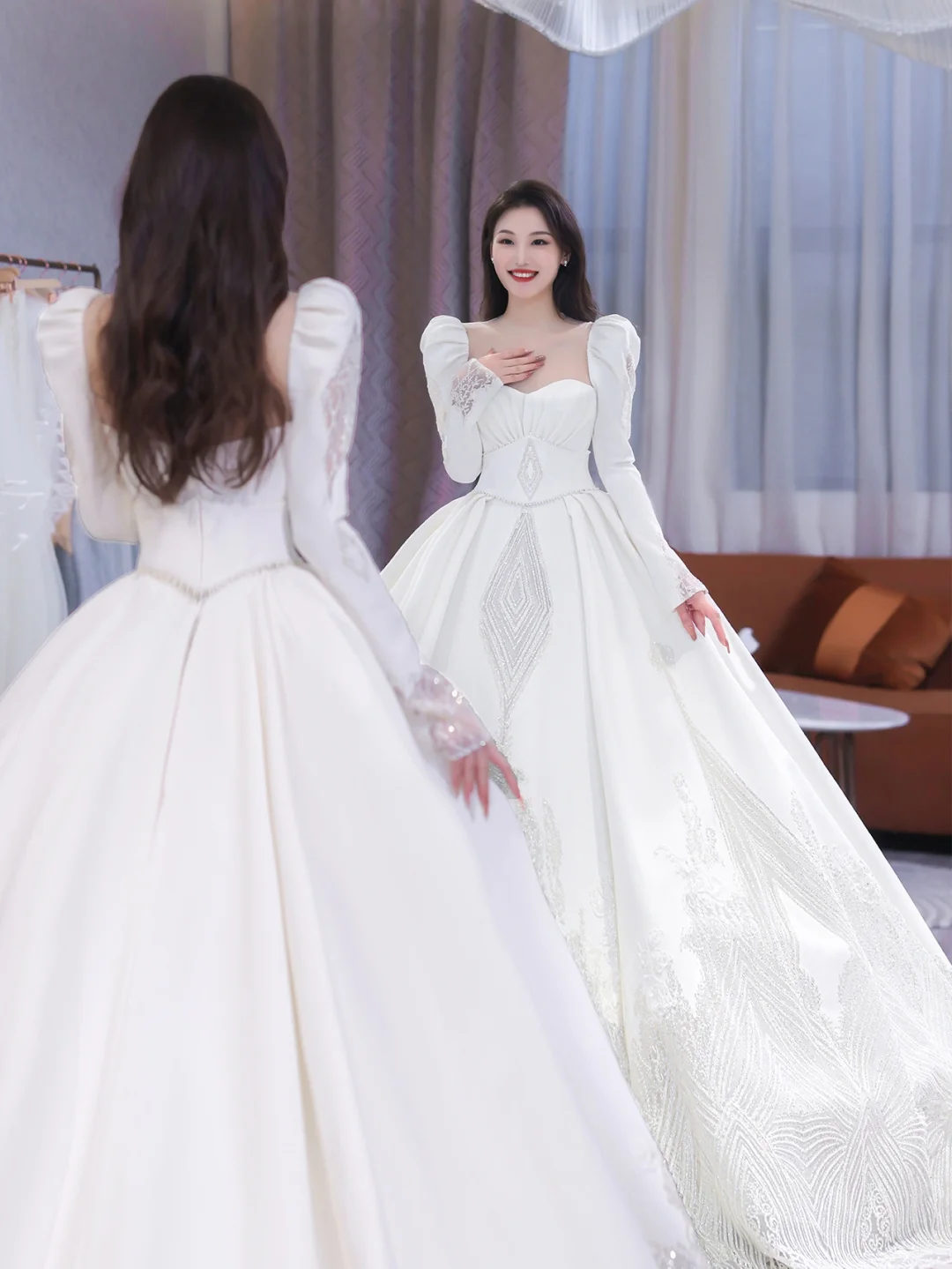 Elegant Ball Gown Square SatinLong Sleeves Long Wedding Dresses