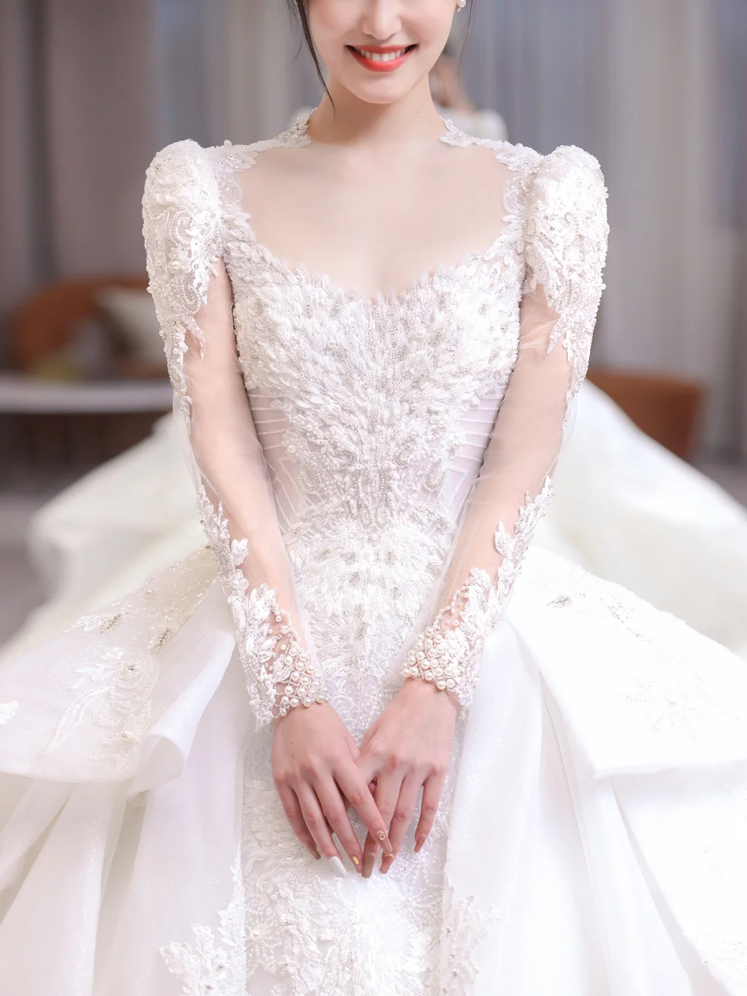 Timeless Ball Gown Satin Tulle Applique Beaded Long Sleeves Long Wedding Dresses